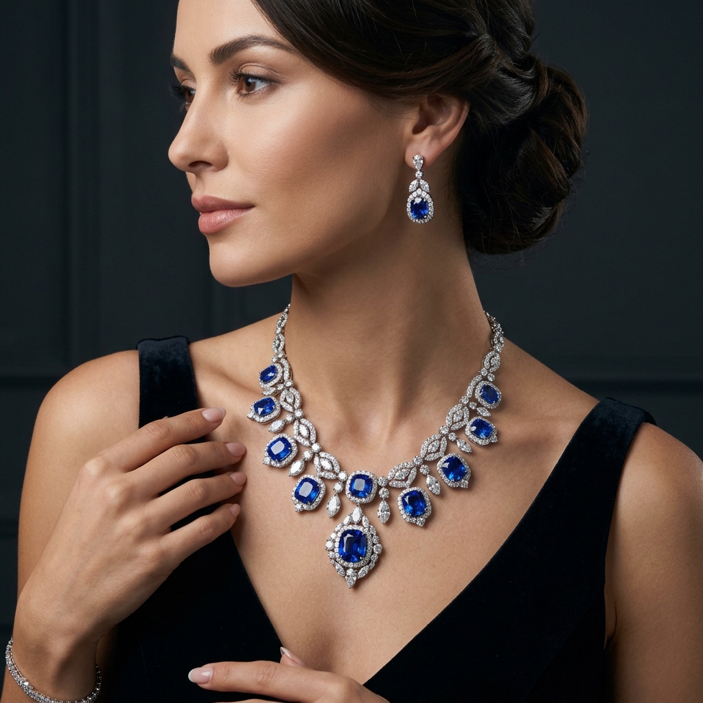Model wearing sapphire necklace